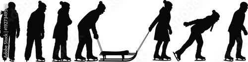 People ice skating and sledding silhouettes set, winter outdoor activities, children and adults playing on ice, cad drawing flat vector illustration.
