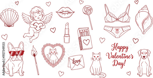Valentine's Day love collection with Cupid, hearts, angel, lollipop, French bulldog, cats, dogs, and romantic quotes, cad drawing flat vector illustration.