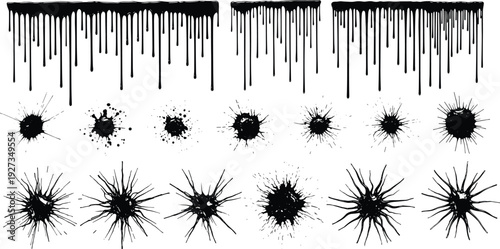 Black ink drips and paint splatter collection, grunge liquid drops, spray stains, artistic blood streaks, cad drawing flat vector illustration.