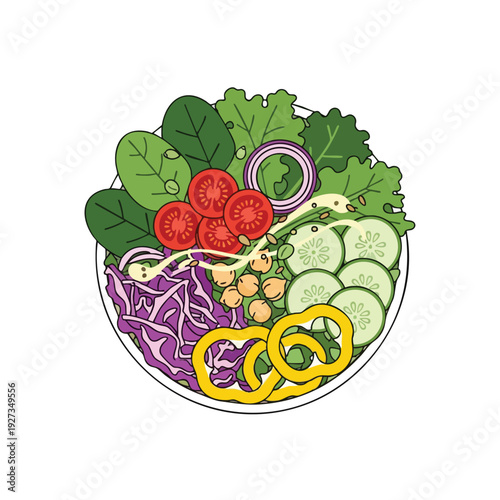 Fresh Vegetable Salad Bowl with Lettuce Cucumber Tomato and Bell Peppers
