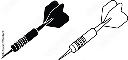 Two darts one black and one white with pointed tips and fletching flying through the air in a dynamic motion