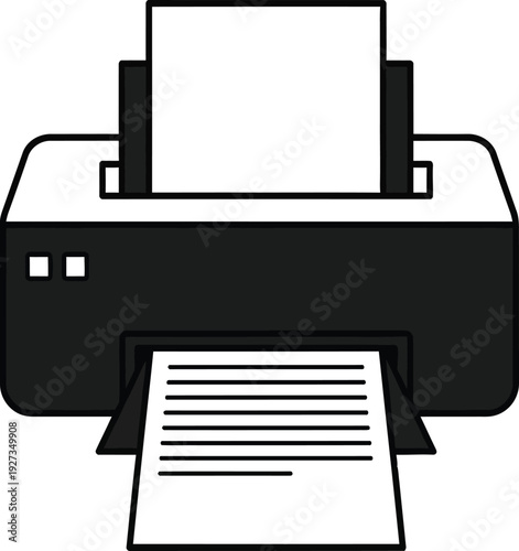 A black and white illustration of a printer with paper coming out