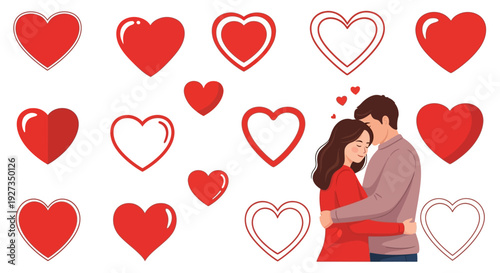 Couple Embracing Amidst Red Hearts Symbolizing Love and Romance