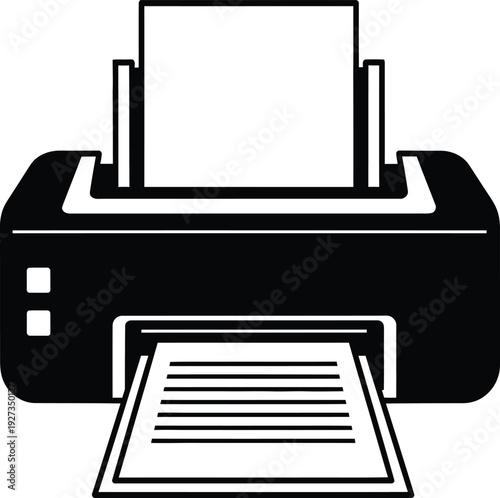 A black and white illustration of a printer with paper coming out