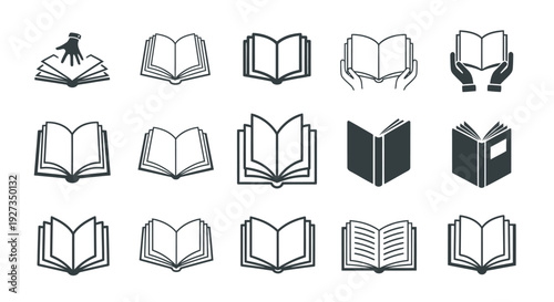 Collection of open book icons in grayscale and black silhouettes for design and illustration projects.