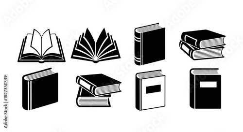 Set of black and white book icons representing reading and learning themes.