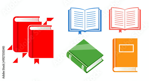 Assorted colorful book icons and open book illustrations on white background.