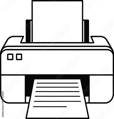 A black and white line drawing of a printer with paper emerging