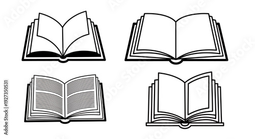 Open book icons in black, grayscale, and color variants for graphic design projects.