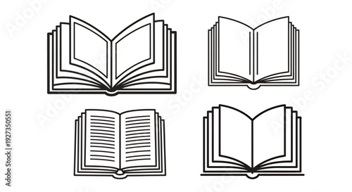 Open Books Icon Set: Four Stylized Books with Pages and Manuscripts, Monochrome Line Art.