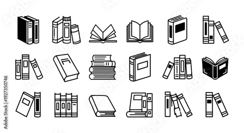 Monochrome collage of scattered books, notebooks, and shelves in a detailed illustration.