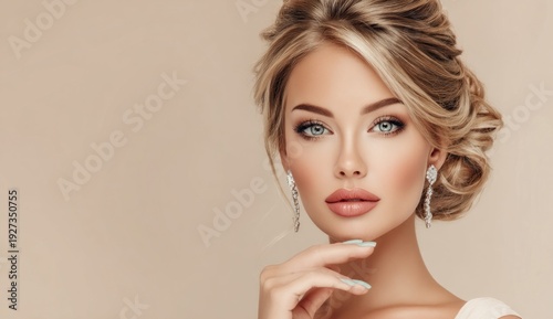 Elegant blonde woman with sophisticated updo and diamond earrings, soft studio lighting