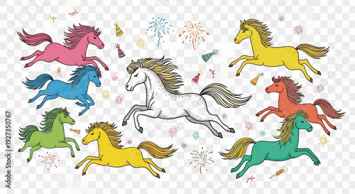 Colorful Herd of Galloping Horses Running with Fireworks and Confetti