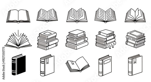 Collection of open and closed books icons in different poses for design and illustration.