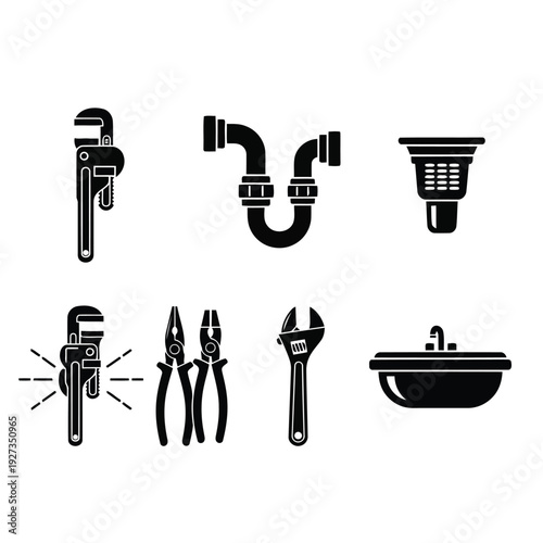 Plumbing Tools and Fixtures Icon Set - Maintenance and Repair