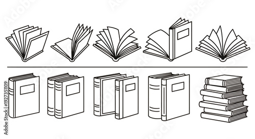Series of open, closed, and stacked book illustrations in grayscale.