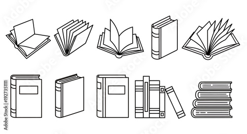 Assortedbook icons and open pages collection illustrating books and reading shapes.