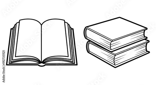 Open book with a stack of books illustration representing reading, study, and learning.