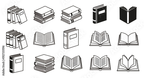 Monochrome Collection of Open and Stacked Book Icons and Illustrations.