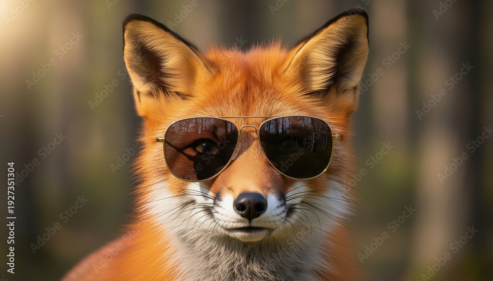 Obraz premium Cool Fox Portrait: A close-up shot of a fox, wearing sunglasses and exuding confidence, set against a backdrop of natural foliage.