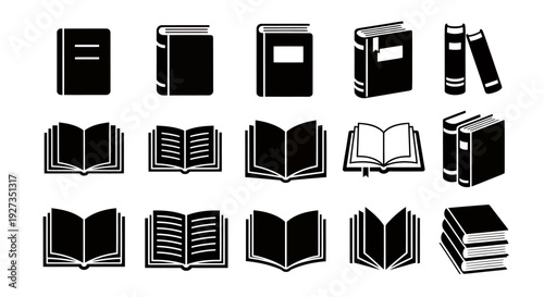 Collection of Open Black and White Book Icons in Various Angles and Styles.