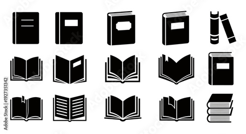 Set of Open Book Icons in Black Monochrome for Graphic Resources and Design Projects.