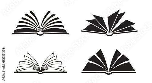 Four monochrome open book icons in different styles for graphic resources.