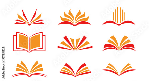 Set of stylized open book icons in warm orange and red tones, vector graphics collection.