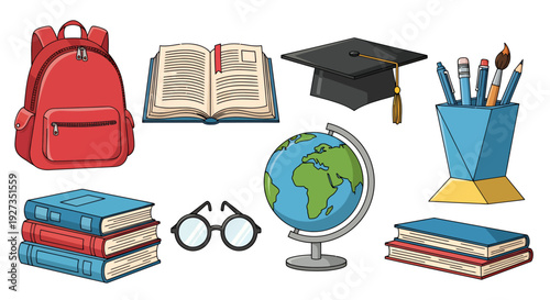 Educational icon set featuring backpack, books, globe, graduation cap and writing tools for learning and study.