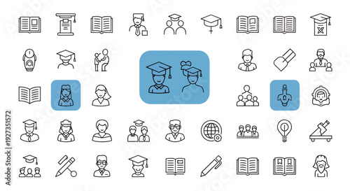 Monochrome line icons depicting diverse learning activities and classroom scenes in a repeated educational pattern.