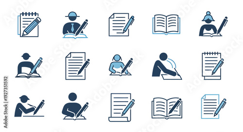 Collection of study and writing icons depicting students reading, note taking, and pencils.