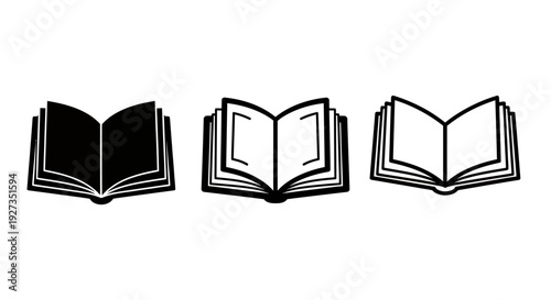 Set of three open book icons with varying page outlines for design and illustration projects.