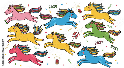 Cute Cartoon Horses Running Happy 2024 New Year Celebration Firecrackers