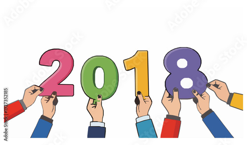 Colorful Future Year Numbers with Multiple Hands Cartoon Vector Symbol of Teamwork and New Goals