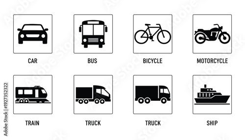 Transportation vehicle vector icons set including car bus bicycle and motorcycle