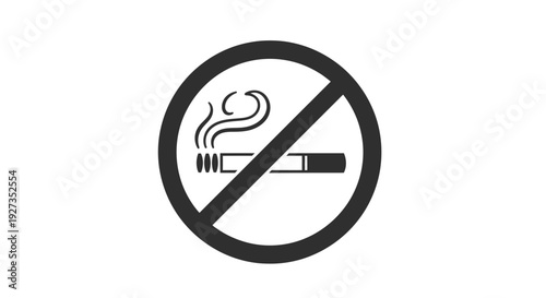 Simple black and white vector graphic illustration clearly depicting a universal prohibition sign against smoking cigarettes indoors or in public areas