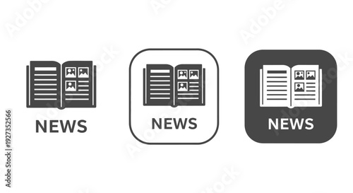 Collection of three distinct vector graphic icons representing an open magazine or book displaying articles and images labeled news