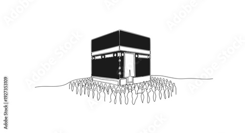 Kaaba Mecca Mosque Islamic Architecture Black and White Line Drawing