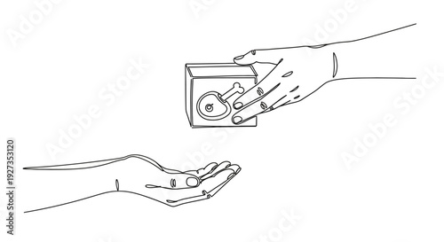 Hand giving box with chicken icon to another hand, line art illustration