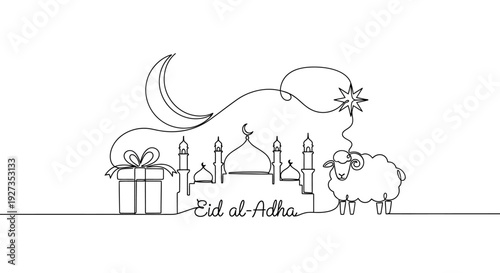 Eid al-Adha Islamic Celebration Line Art: Mosque, Sheep, Moon, Gift, Star