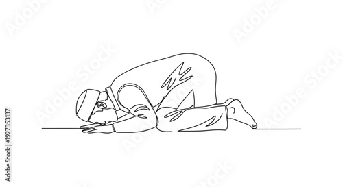 Muslim man praying, prostrating in prayer, continuous line drawing, Islamic worship, faith, devotion