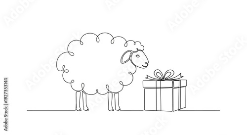 Minimalist Sheep with Gift Box Line Art Illustration