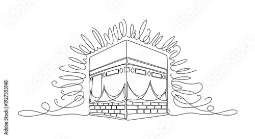 Kaaba Mosque Islamic Symbol Continuous Line Art Drawing, Mecca Religious Landmark