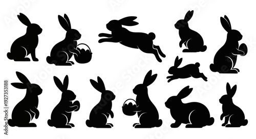 Easter Bunny Silhouettes: Collection of 11 Black Rabbit Poses with Baskets and Eggs