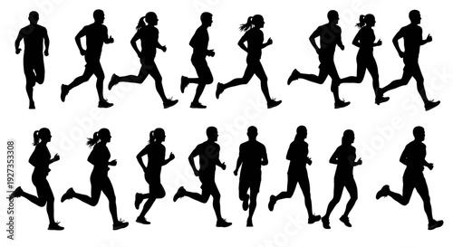 Diverse Group of Runners Silhouettes in Motion, Sports and Fitness Concept