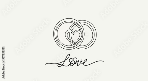 Elegant Wedding Rings with Heart and "Love" Text - Minimalist Line Art
