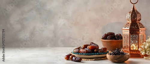 Ramadan Kareem Still Life with Dates and Elegant White Lantern