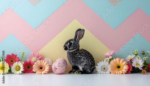 Easter Bunny with Flowers and Eggs.