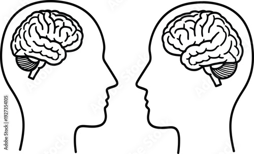 Two human heads facing each other with brains visible in profile view