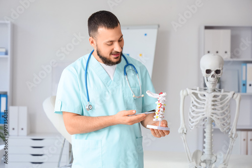 Male doctor with spine model in clinic